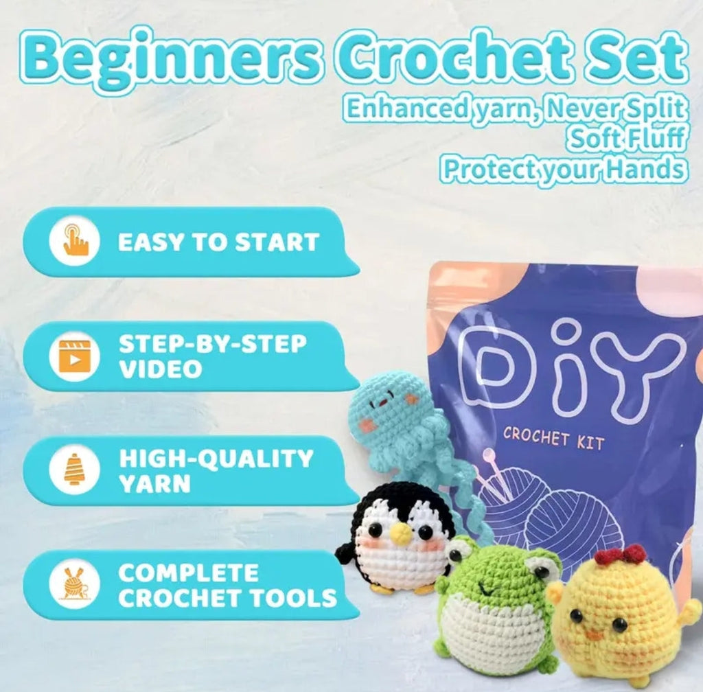 4pc Animal Crochet Kit for Beginners - All-in-One Complete Crochet Set with Yarn, Hook, Pattern & Video Tutorial