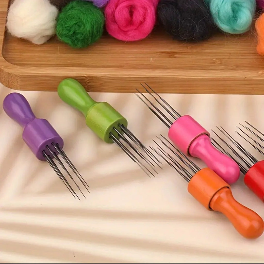 Felting Needle With Eight Needles Tool, Craft Felt Stitch Punch Tool With Solid Wood Handle Felting Eight Needles Tool