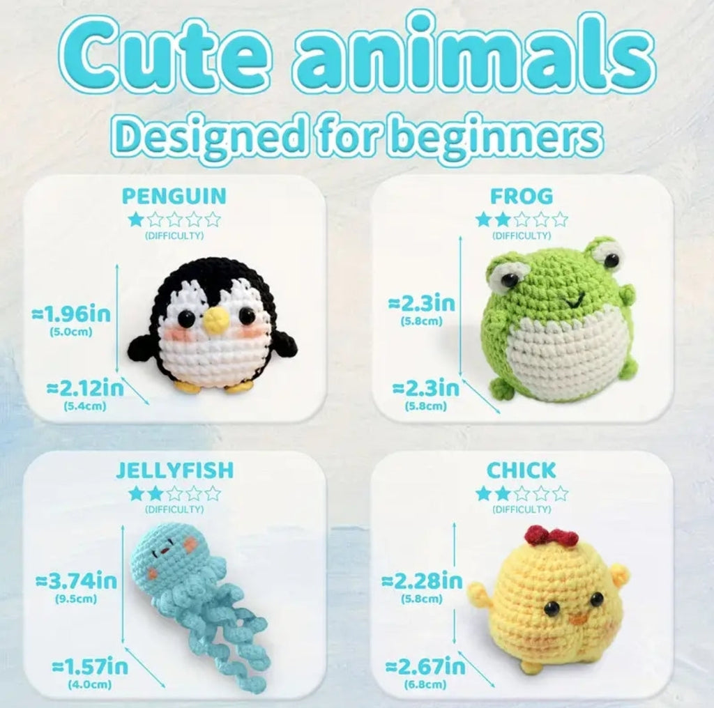 4pc Animal Crochet Kit for Beginners - All-in-One Complete Crochet Set with Yarn, Hook, Pattern & Video Tutorial