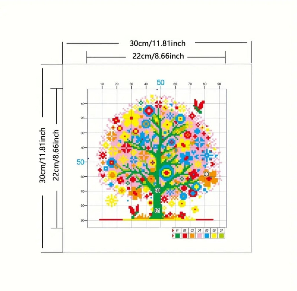 Beginner's Cross Stitch Kit - Tree Design 11CT Medium Grid with 3-Strand Thread All-Season Floral Embroidery Set