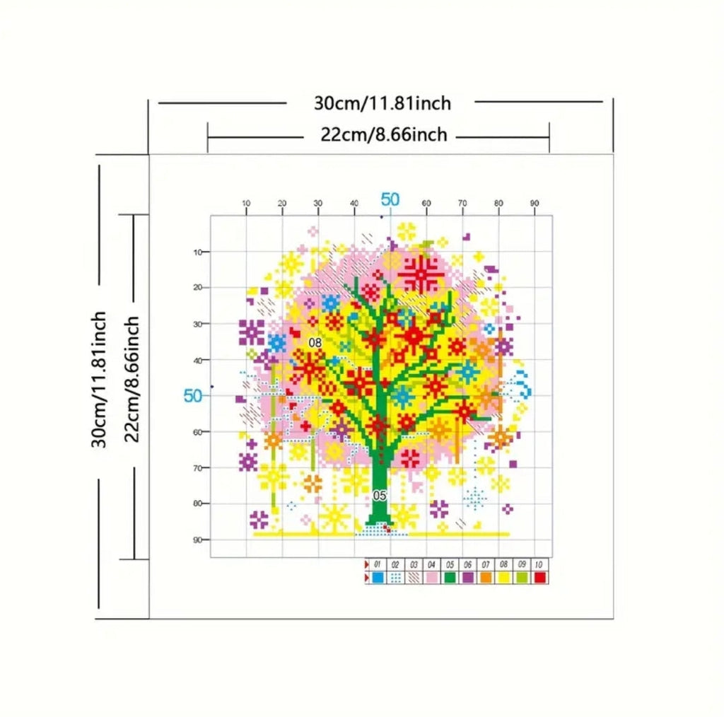 Beginner's Cross Stitch Kit - Tree Design 11CT Medium Grid with 3-Strand Thread All-Season Floral Embroidery Set
