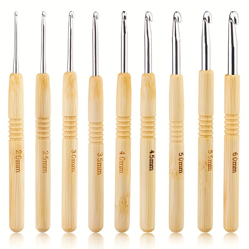 9pcs Crochet Set, Wooden Handle, Ultra Light Beginner Knitting Needle And Crochet Thread