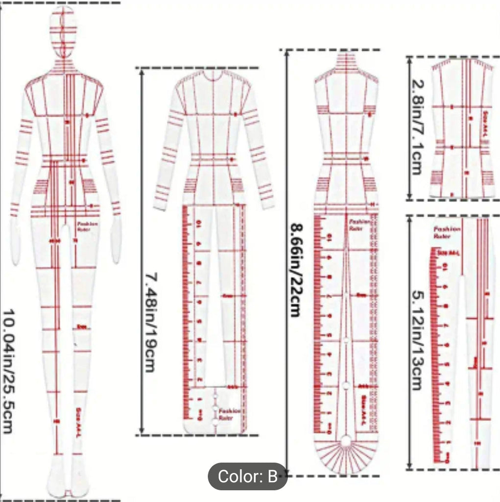 Professional Fashion Design Ruler Set with Human Dynamic Template