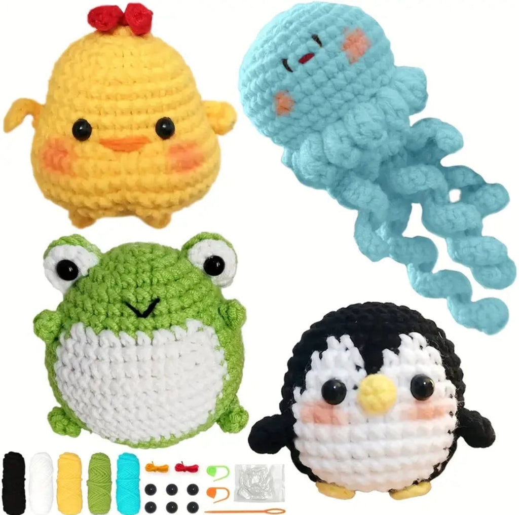 4pc Animal Crochet Kit for Beginners - All-in-One Complete Crochet Set with Yarn, Hook, Pattern & Video Tutorial